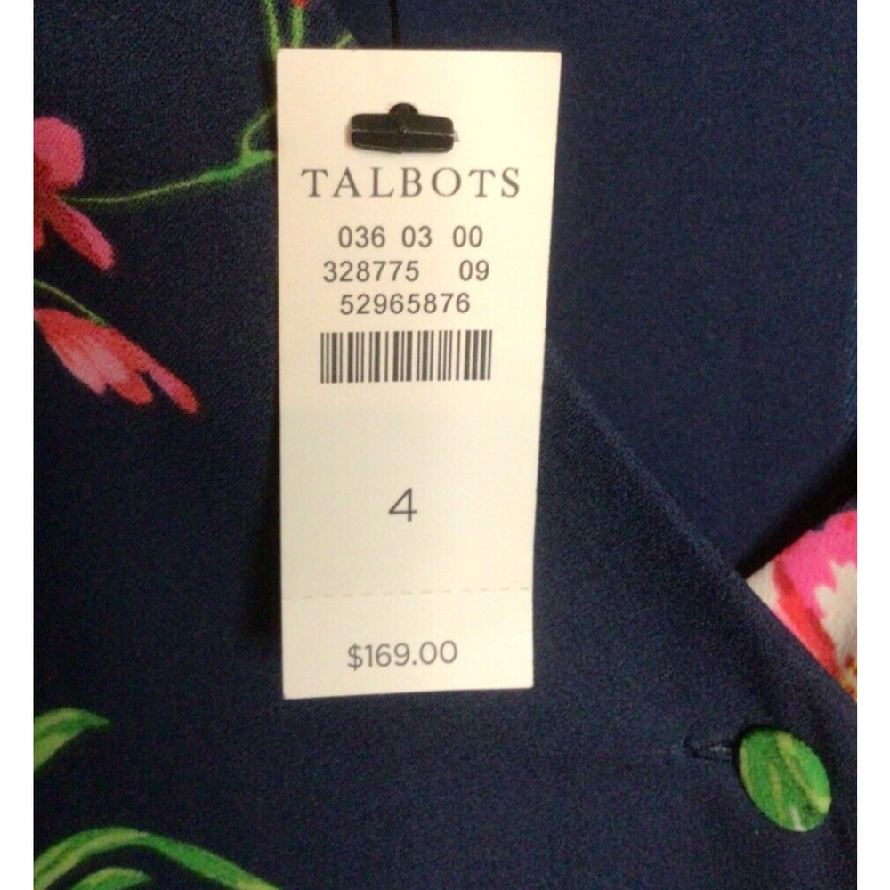 New TALBOTS Size 4 Dress Navy Blue Floral Print Tie Waist A Line V Neck Buttons - Picture 4 of 5